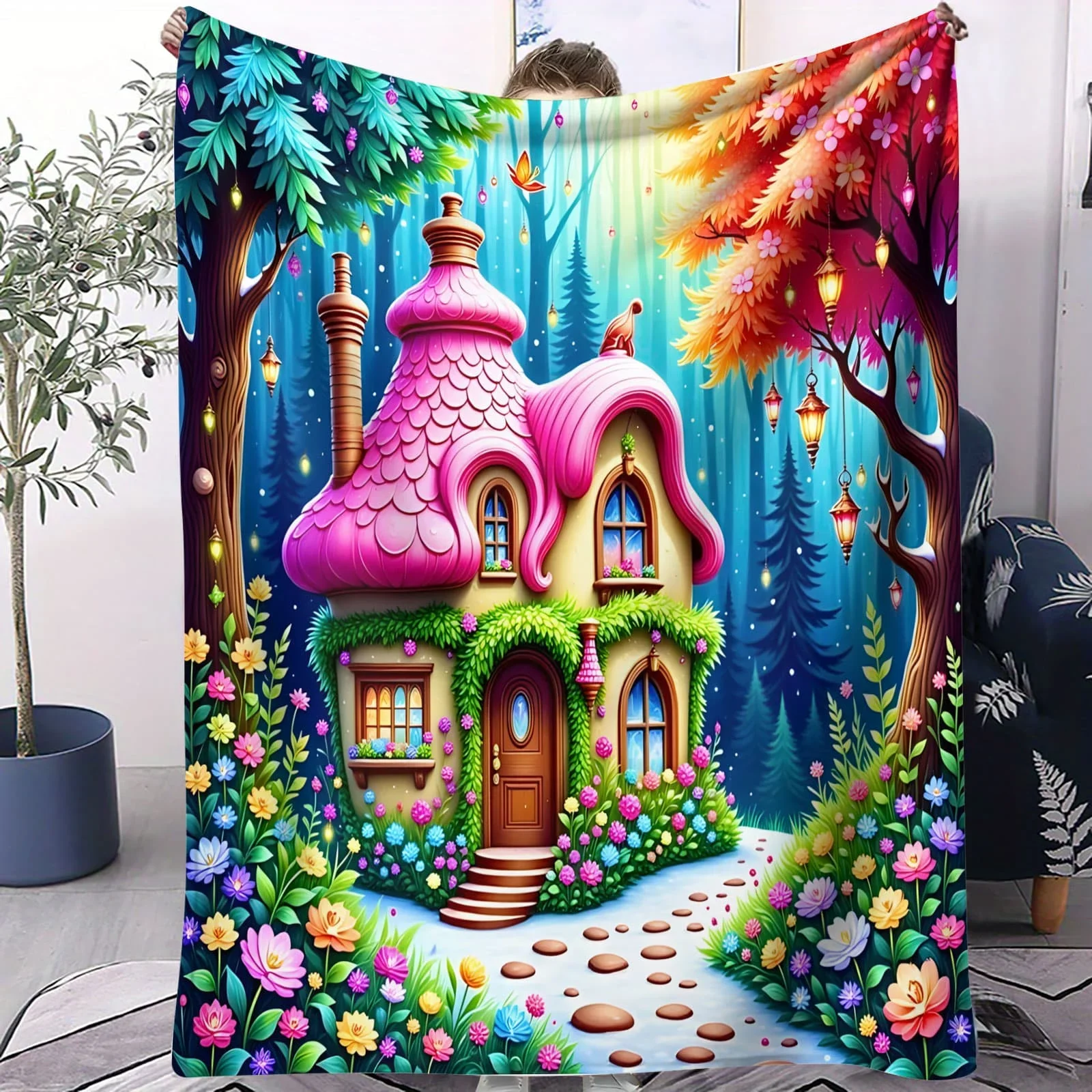 بطانية ثلج حمراء نابضة بالحياة وبطانية صوف على شكل قلعة كاندي مملكة الحلوى الملونة - رمي ناعم بطابع غريب الأطوار كهدية لديكور غرفة المعيشة