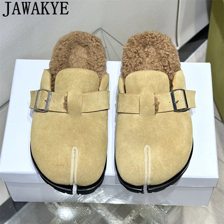 Pantofole in pelliccia con punta tonda divisa donna 2025 inverno caldo moda casual ciabatte pantofole donna mocassini in lana scarpe zapatos mujer