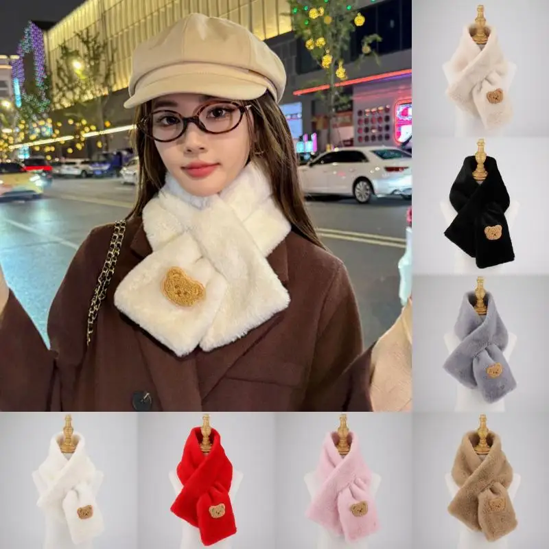 

Элегантный зимний теплый шарф из искусственного кроличьего меха, однотонный шейный платок для женщин, милый плюшевый шарф с маленьким медвежонком