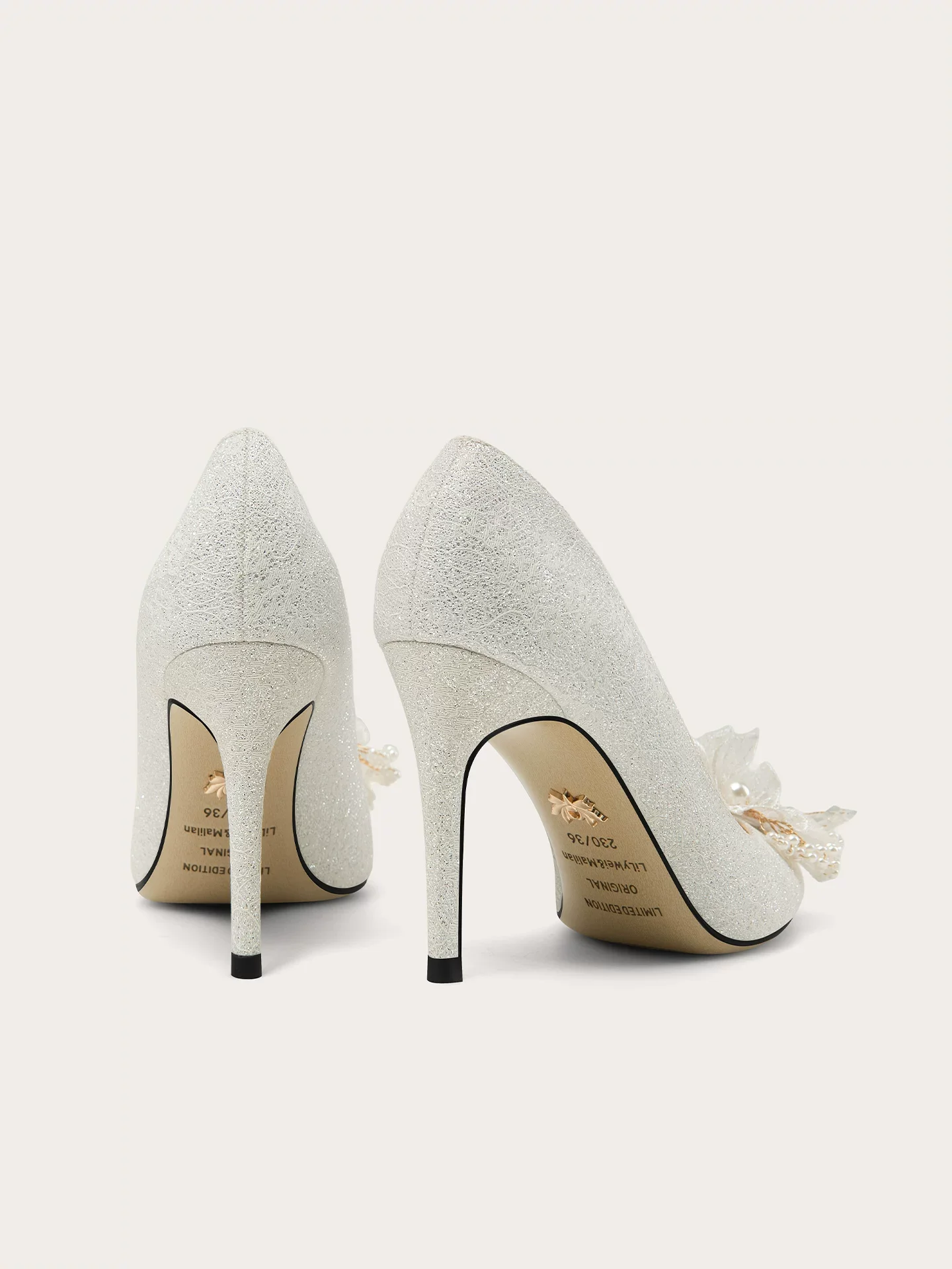 Spring pointed shallow mouth lace pearl flower high heels wedding shoes banquet large size small size widened version women shoe