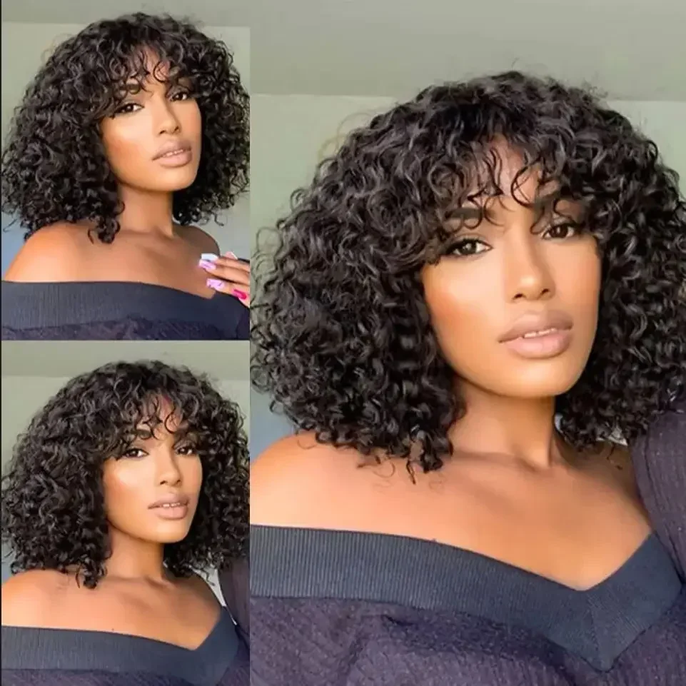 

Curly Bob Hair Human Hair Water Wave Wig With Bangs