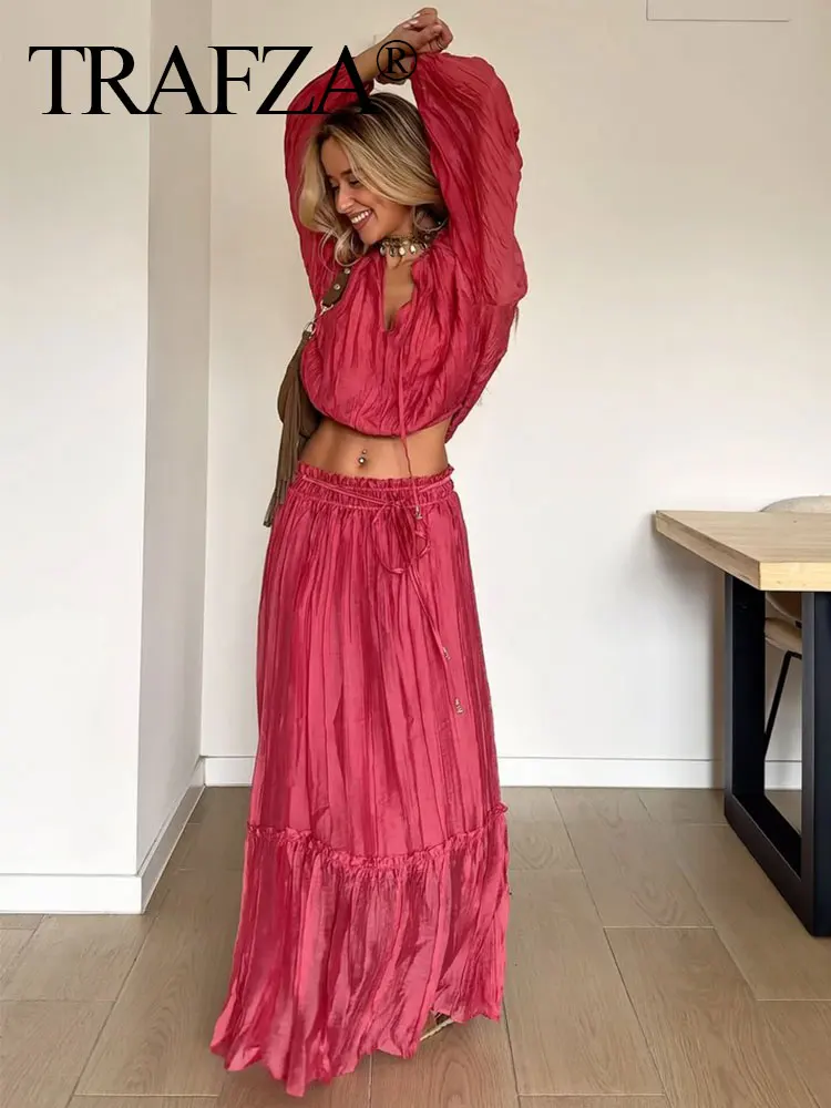 

TRAFZA Women's Trendy Wrinkle Effect 2-Piece Set V-neck Long Sleeves Lace Up Top+A-line High Waist Midi Skirt Retro Solid Suit