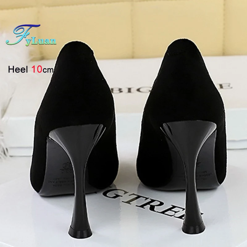 

High Heel 7cm 10cm Women Black Pumps Shallow Mouth Pointed Toe Suede Comfy Single Shoe Ladies Wine Glass Heel Classic Work Shoes