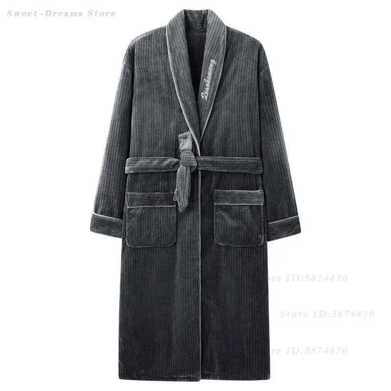 Big Size 3XL 4XL Kimono Shower Robe for Men Autumn Winter Warm Bathrobe Gown Soft Flannel Home Clothes with Pocket Nightgown