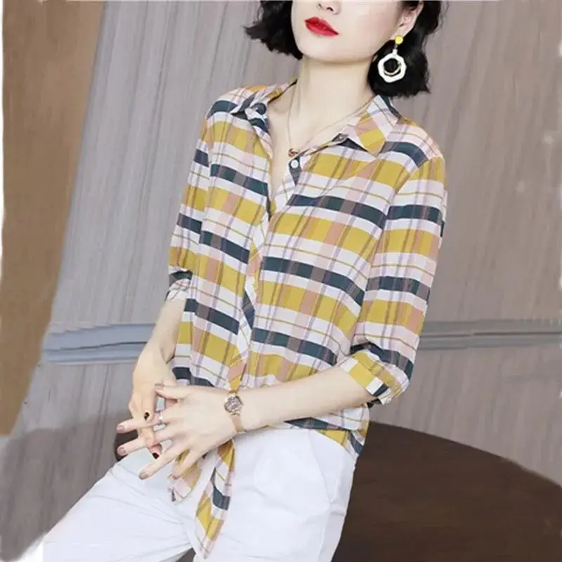 

Vintage Contrasting Colors Plaid Shirt Female Clothing Single-breasted Stylish Bandage 2023 Summer Half Sleeve Polo-Neck Blouse