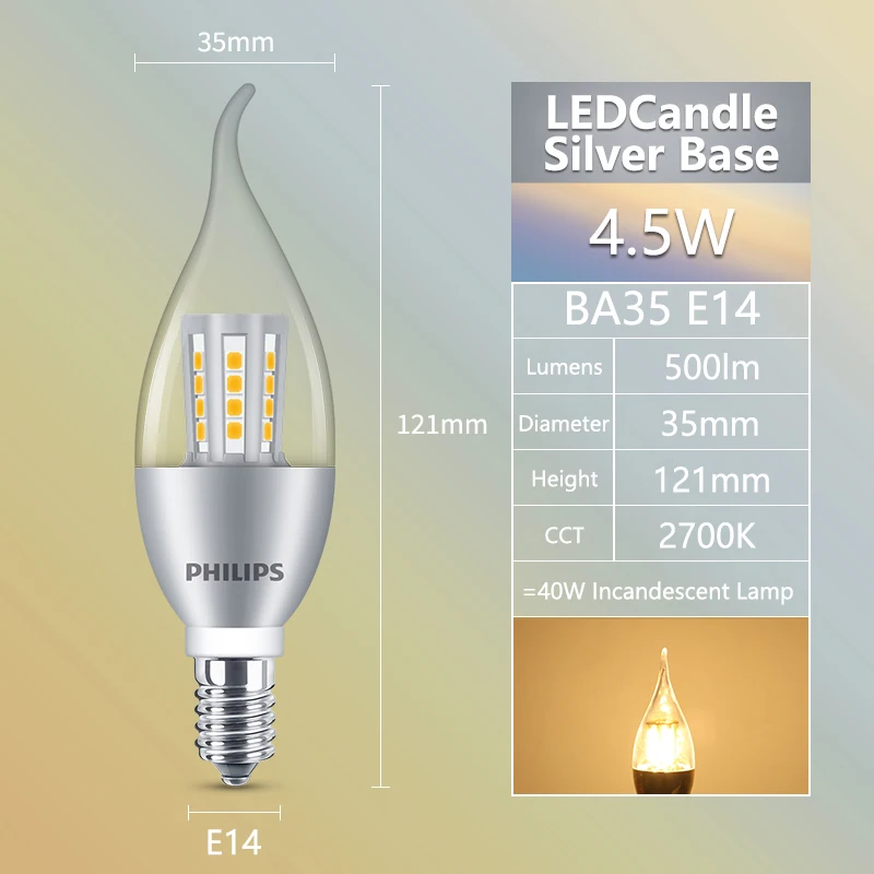 Philips LED Kaars E14 Schroef 4.5W 6.5W Kristallen Lamp B35 BA35 Mode Zilver/Gouden Basis 2700K Warm Zacht Thuis Kroonluchter Licht