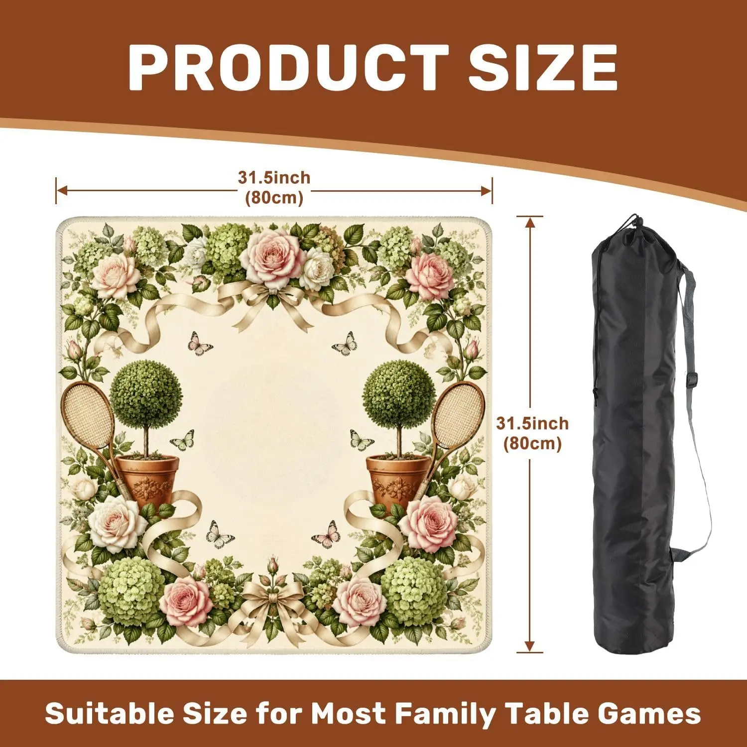 Neoprene Luxury Mahjong Mat 3mm 31.5 Inch Vintage Rose Topiary Ribbon Frame Non Slip Noise Reduction for Mahjong Poker
