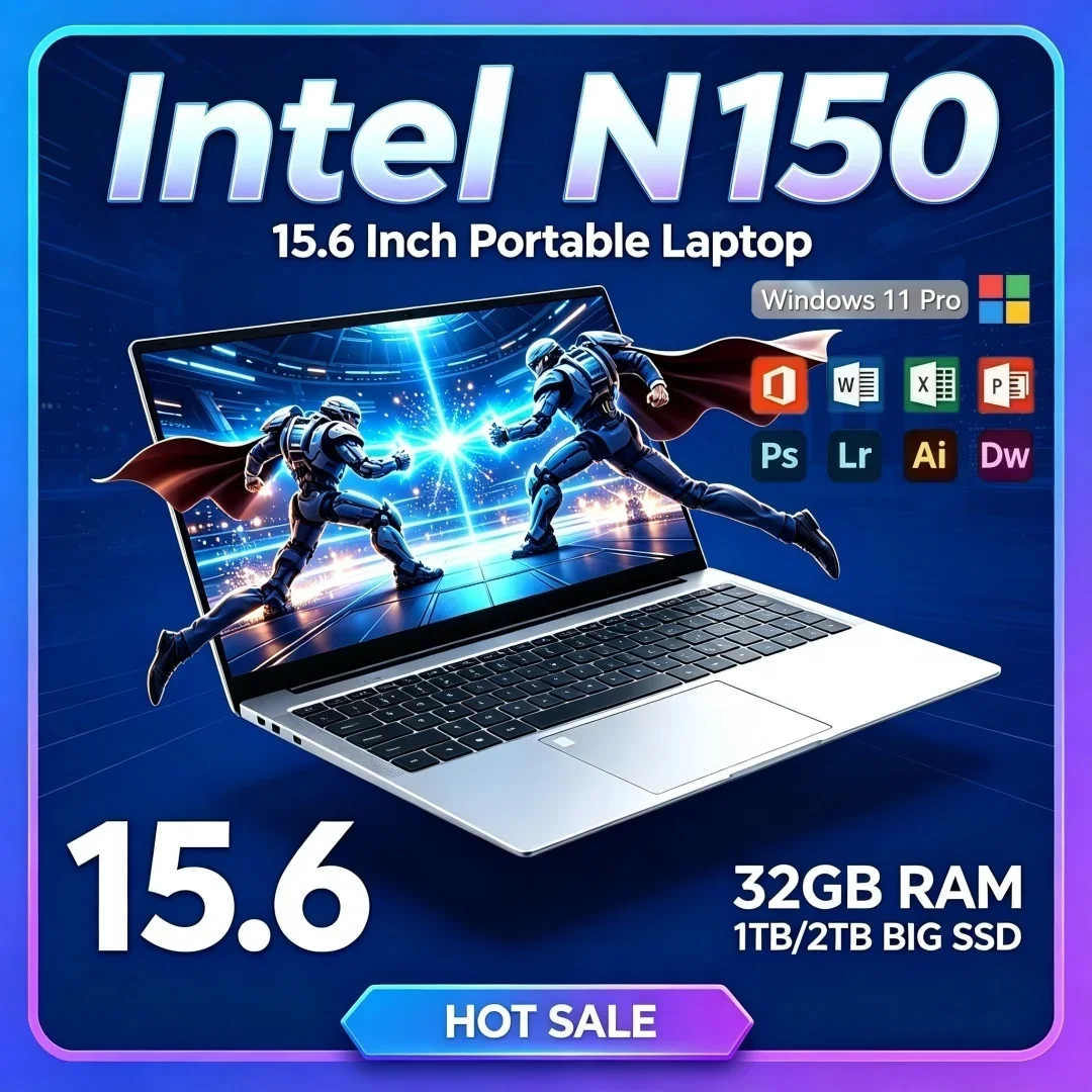 Intel N150 15.6 Inch 2026 Fast Office Study Laptop 16GB/32GB RAM Windows11 Portable Laptop 1/2TB BIG SSD