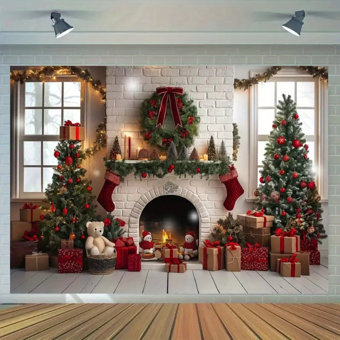 Weihnachtsweißer Kamin-Hintergrundstoff, Polyester, geeignet für Weihnachtsdekoration und festliche Eventdekoration