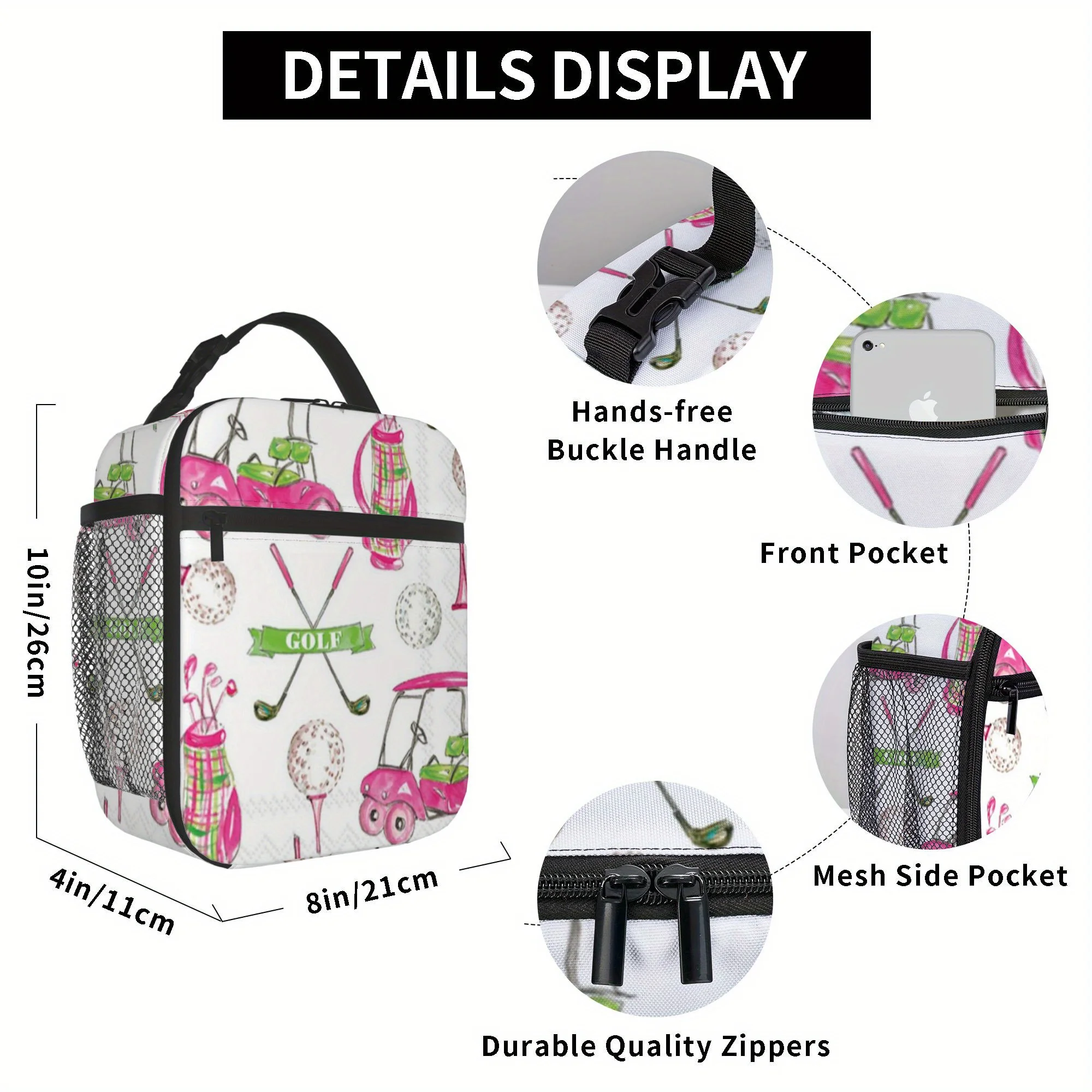 1pc Golf-Themed Insulated Thermal Bag Pink White Design with Golf Balls, Clubs 