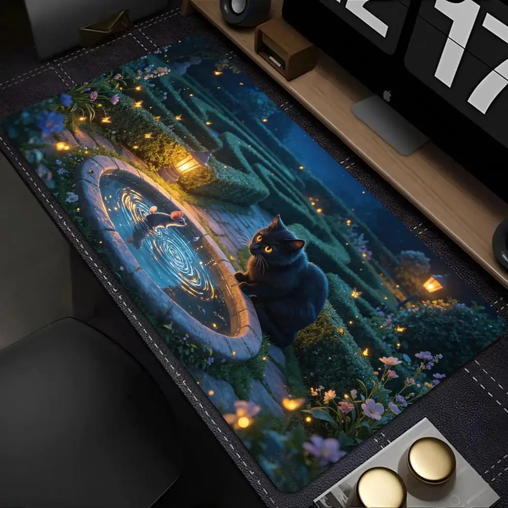 Aesthetic Space Scene Large Desk Mat Cute Black Cat Mouse Glowing Planet Starry Sky Gaming Mousepad for Laptop PC Decor