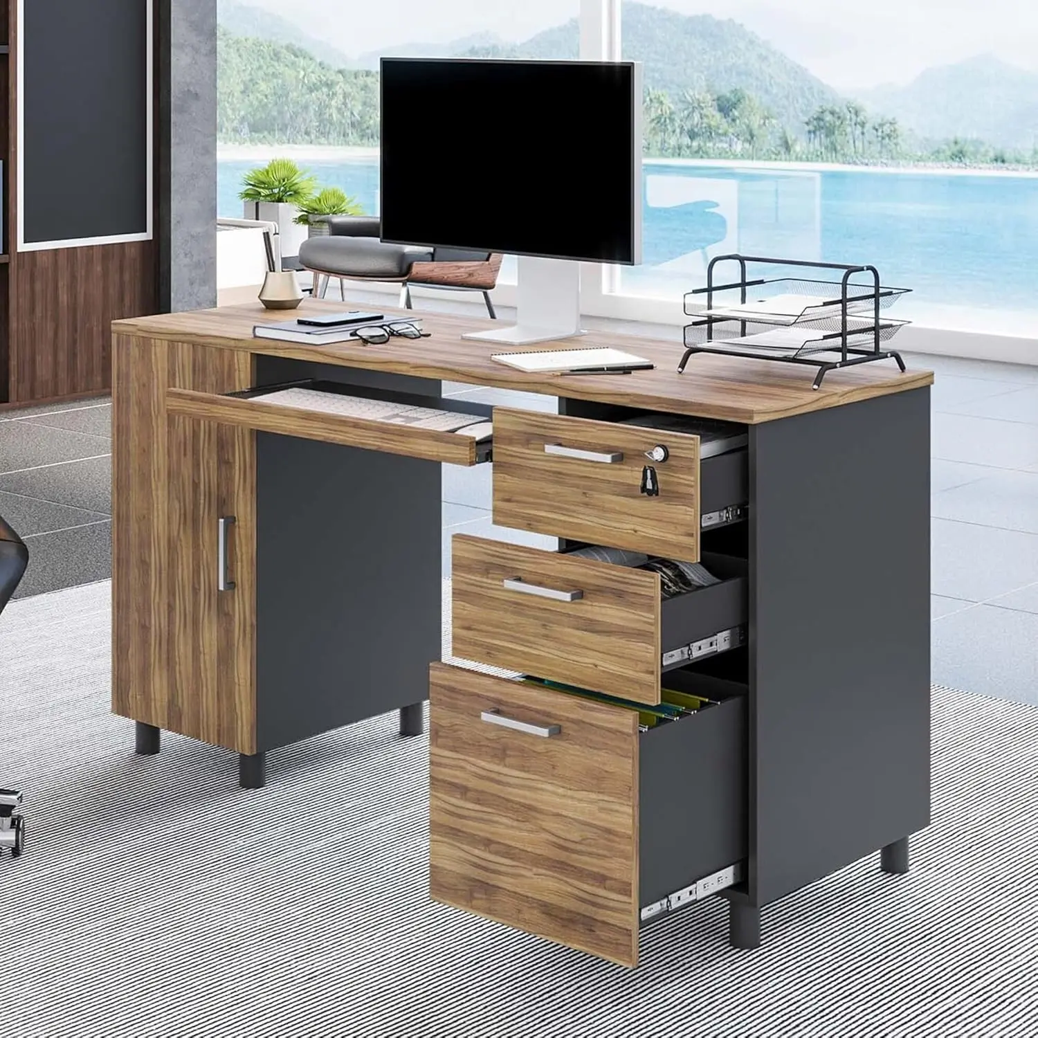 Computer Desk - Office Desk with 3 Drawers & CPU Storage Cabinet - Laptop Workstation  TV Stand