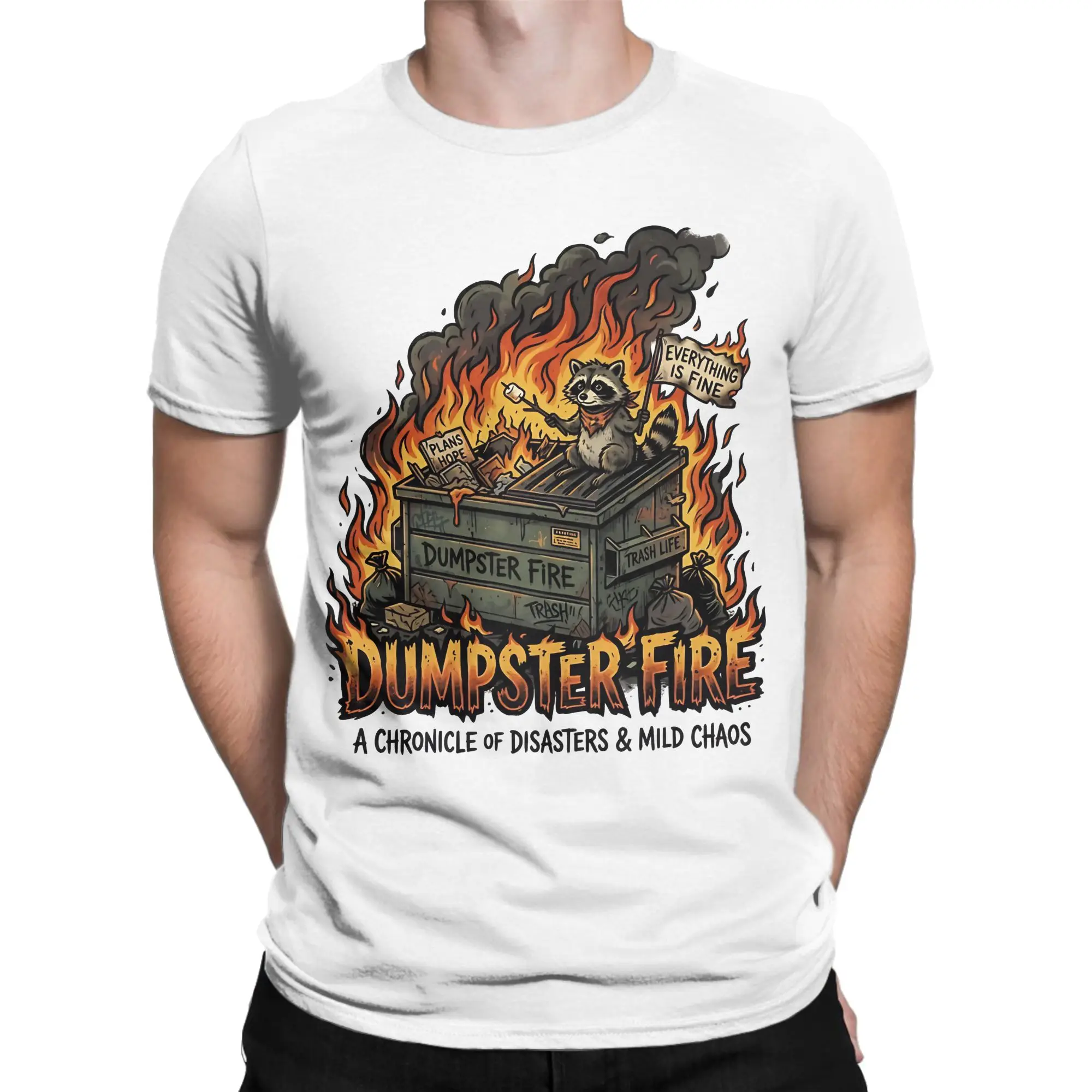 Men Dumpster Fire Raccoon Marshmallow Comedy Everything Is Fine T-Shirts Pure Cotton Tops Short Sleeves T-Shirt O-Neck Tee Shirt