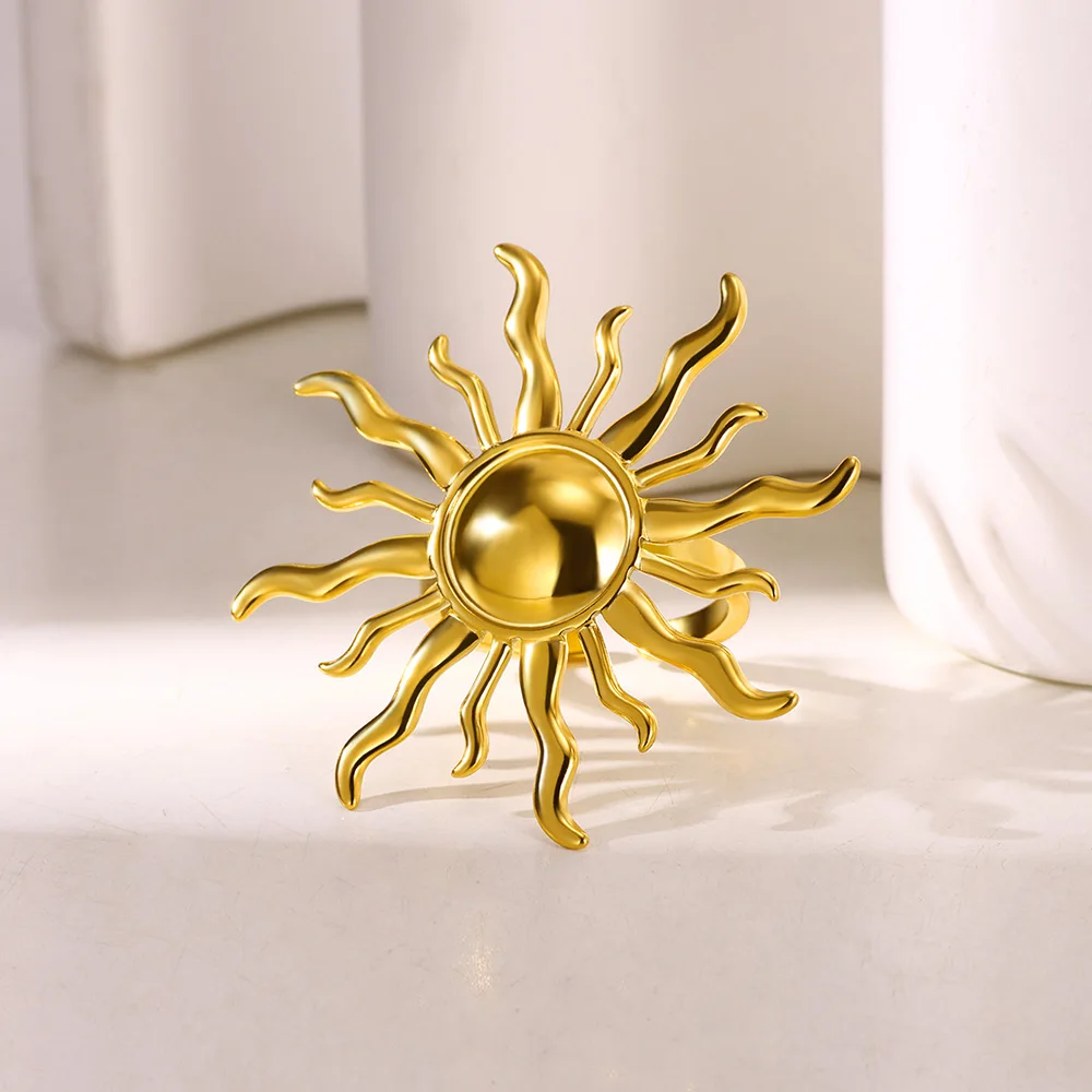 Gold Color Exaggerated Sun Rings For Women Goddess Stainless Steel Bague Jewelry Fashion Anniversary Party Lucky Anillos Gifts