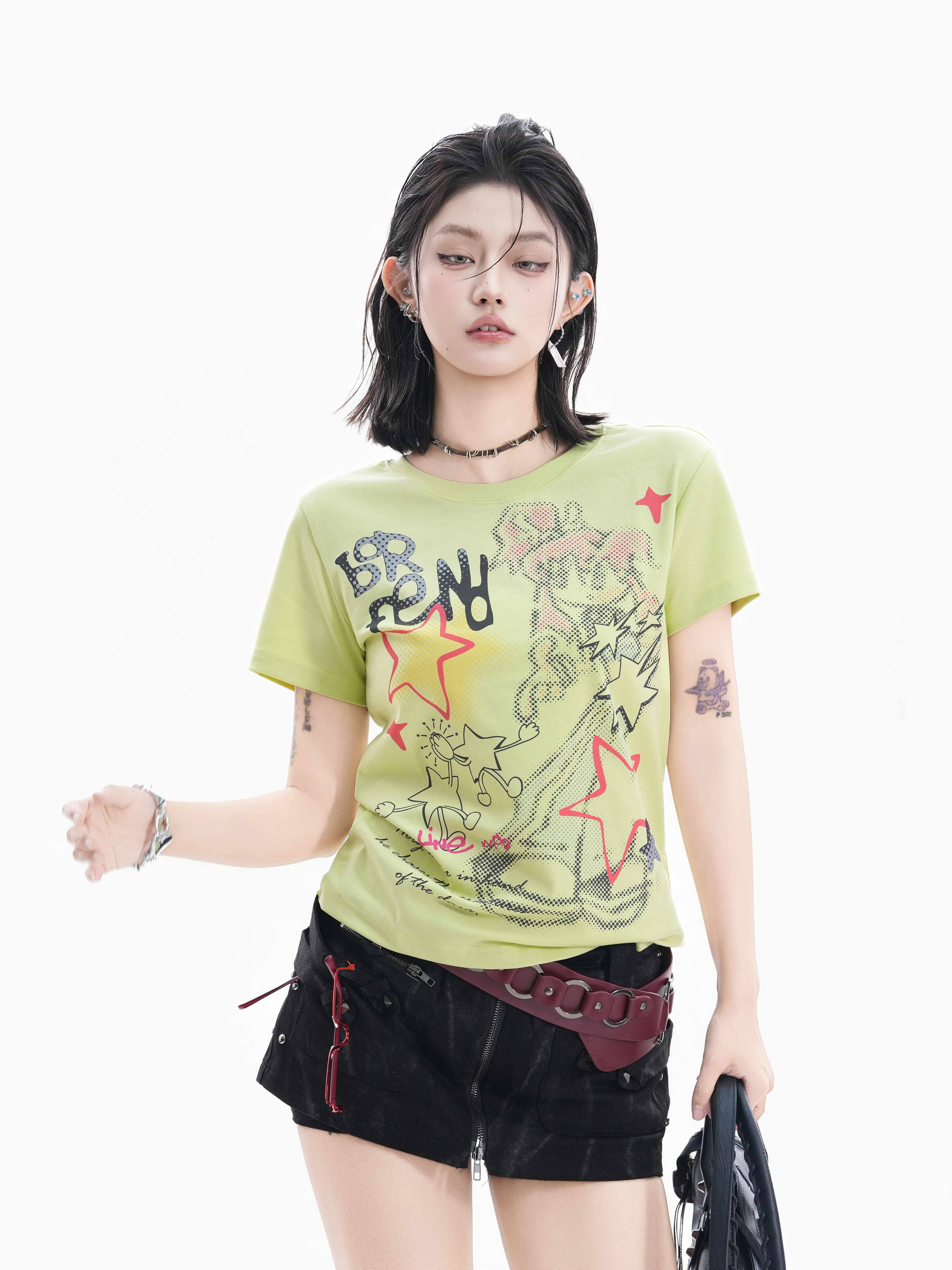 

Street Art Graffiti Star Print Short Sleeve Loose Fit Women's T-shirt Sweet Cool Vintage Cotton Comfortable Breathable Top