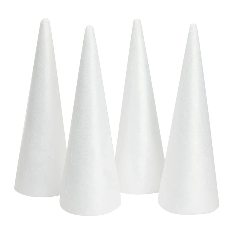 Foam Tree Cones For DIY Crafts, White Polystyrene Art Supplies (4.5 X 13.5 In, 4 Pack)