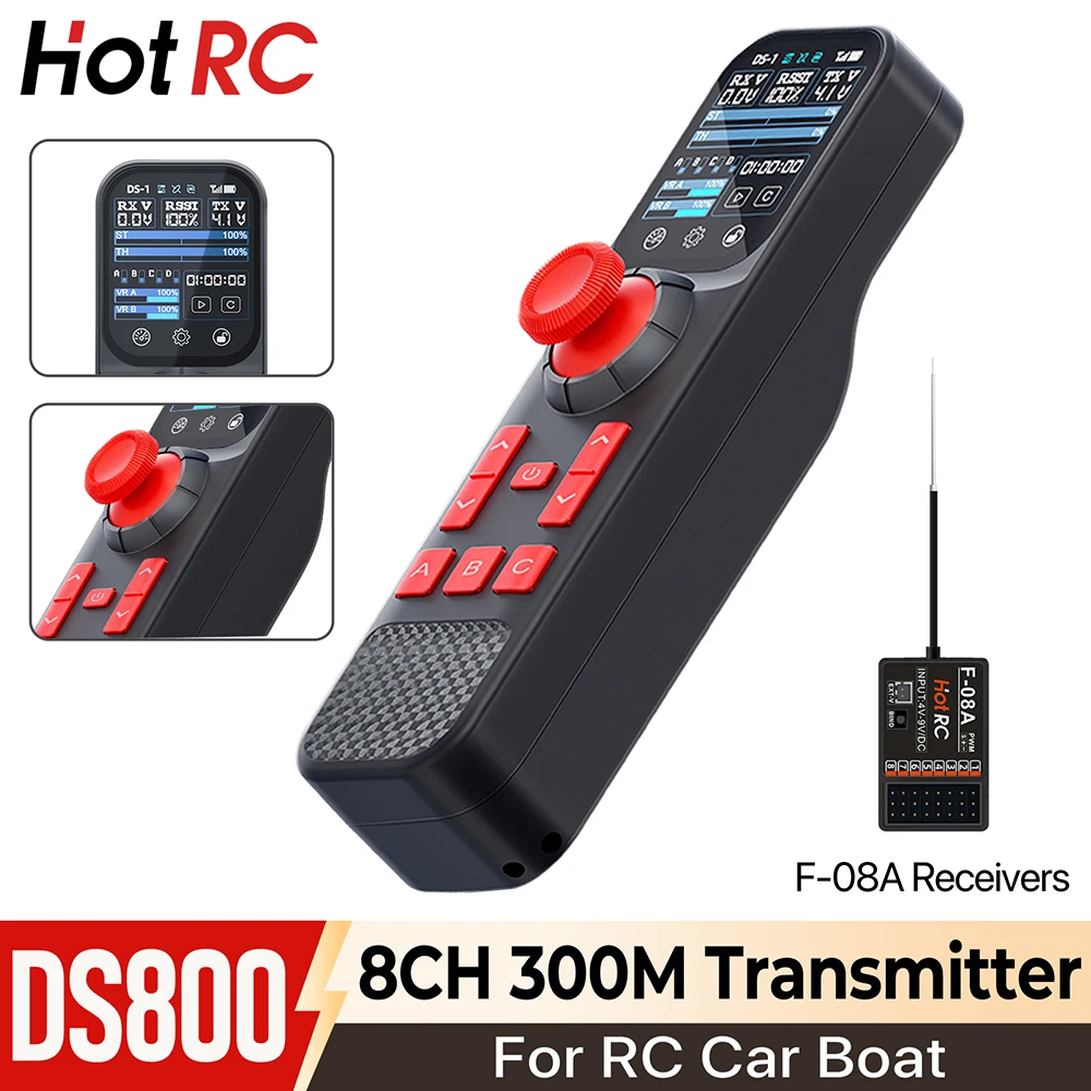 HotRC DS800 Transmitter 8CH Remote Controller 2.4GHZ 2.0in Color TouchScreen Return Function with F-08A Receiver For RC Car Boat