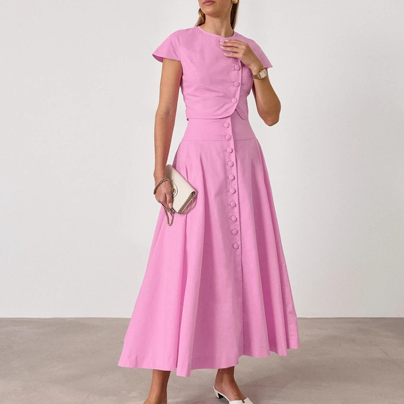 French Style Elegant A-line Long Skirt Set Women's Fashion Small Fragrance Pink Top Skirt Two-piece Set Women's Clothing view 2