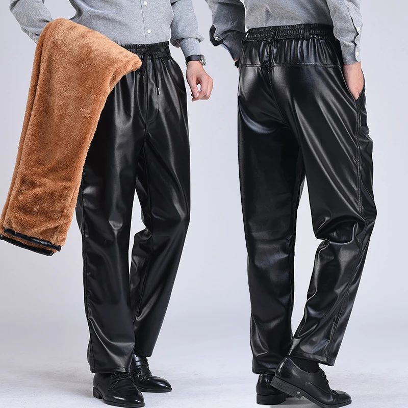 

Men PU Leather Pants Wnter Warm Fleece Leather Pants Waterproof Elastic Waist Trousers Stretchy Faux Leather Motorcycle Pants