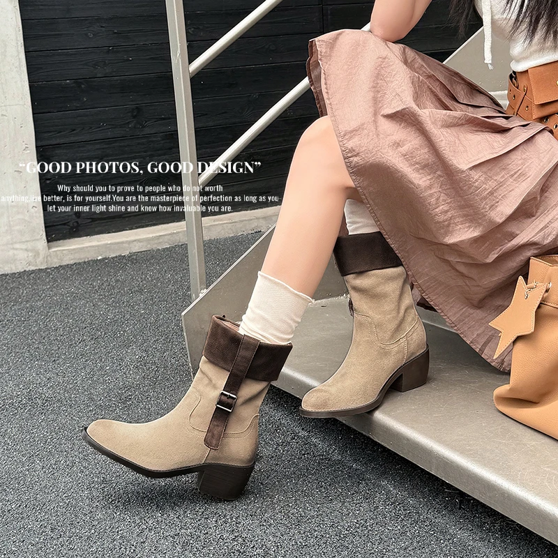 2026 new autumn winter women ankle boots natural leather 22-25cm cow suede+cowhide+pigskin/plush belt buckle women short boots