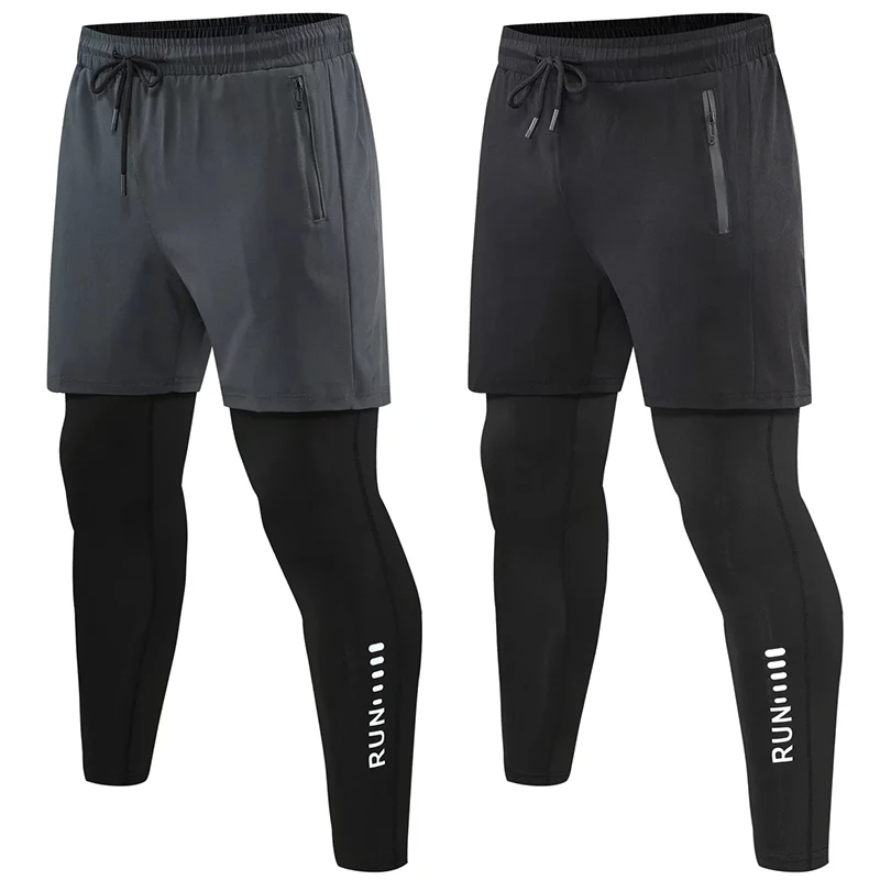 Men 2 In 1 Running Pants Double Layer Pant Tight Training Basketball Legging Fitness Sweatpant With Pockets Running Trousers
