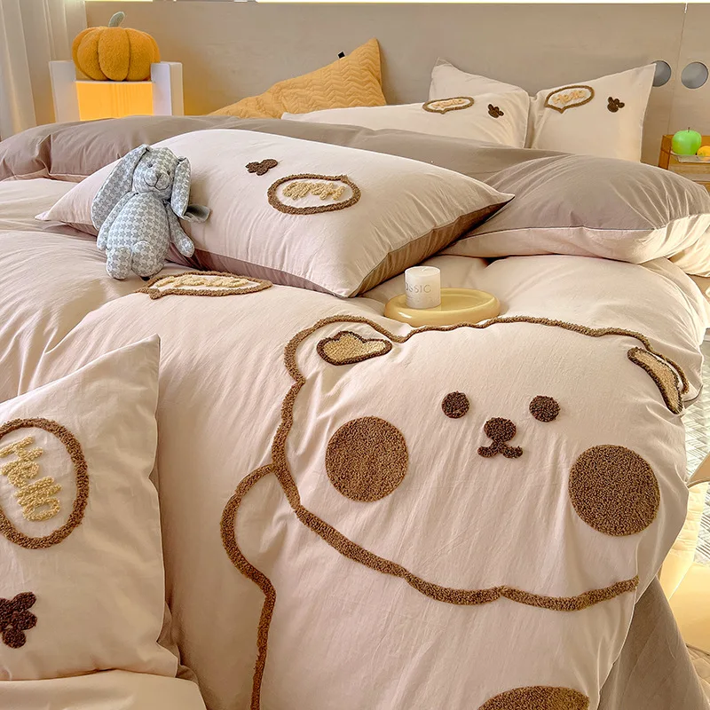 Cute cartoon style~A-class mother and baby all cotton bed four piece set, 60 thread pure cotton embroidered duvet cover, bed she