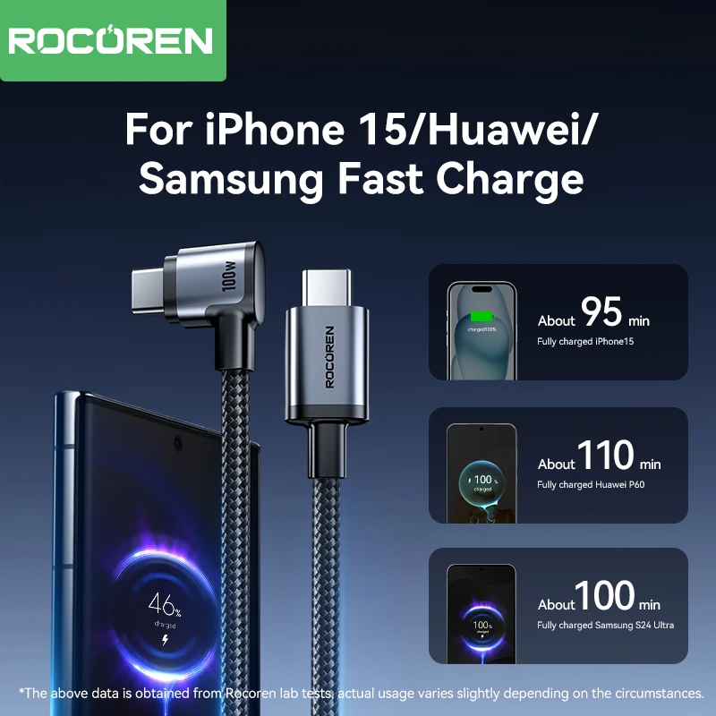 Rocoren USB Type C Cable 90 Degree Elbow Type-C USBC PD100W Fast Charging Cable For iPhone 15 Pro Max Samsung Xiaomi Data Wire