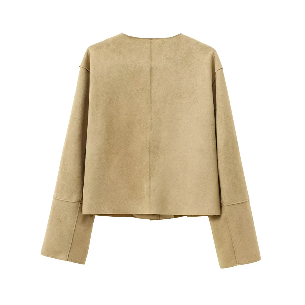 Easy Match Khaki Round Neck Slingle Breasted Pocket Design Long Sleeves Women Loose Suede Texture Jacket Coat ZATAF 2024 New