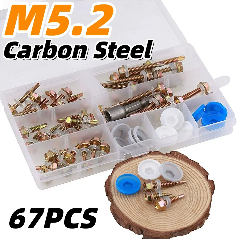 67PC M5.2 Color Zinc Carbon Steel Hex Washer Head Self Drilling Tapping Screw Set Drill /Pointed Tail Wood Screw For Sheet Metal