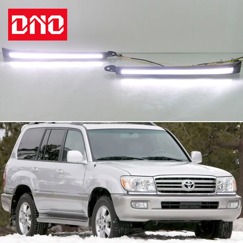 Car LED Daylights For Toyota Land Cruiser LC100 1998-2007 Yellow Turn Signal Daytime Running Headlamps Auto Driving Lamp Foglamp