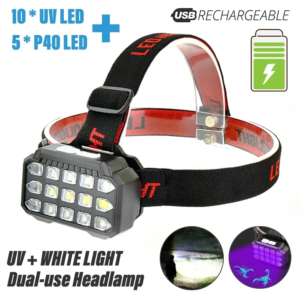 UV+White Light Dual-use LED Headlamp Fishing Headlight Uses 10*UV LED +5*P40 LED Used for Camping, Catching Scorpions,etc