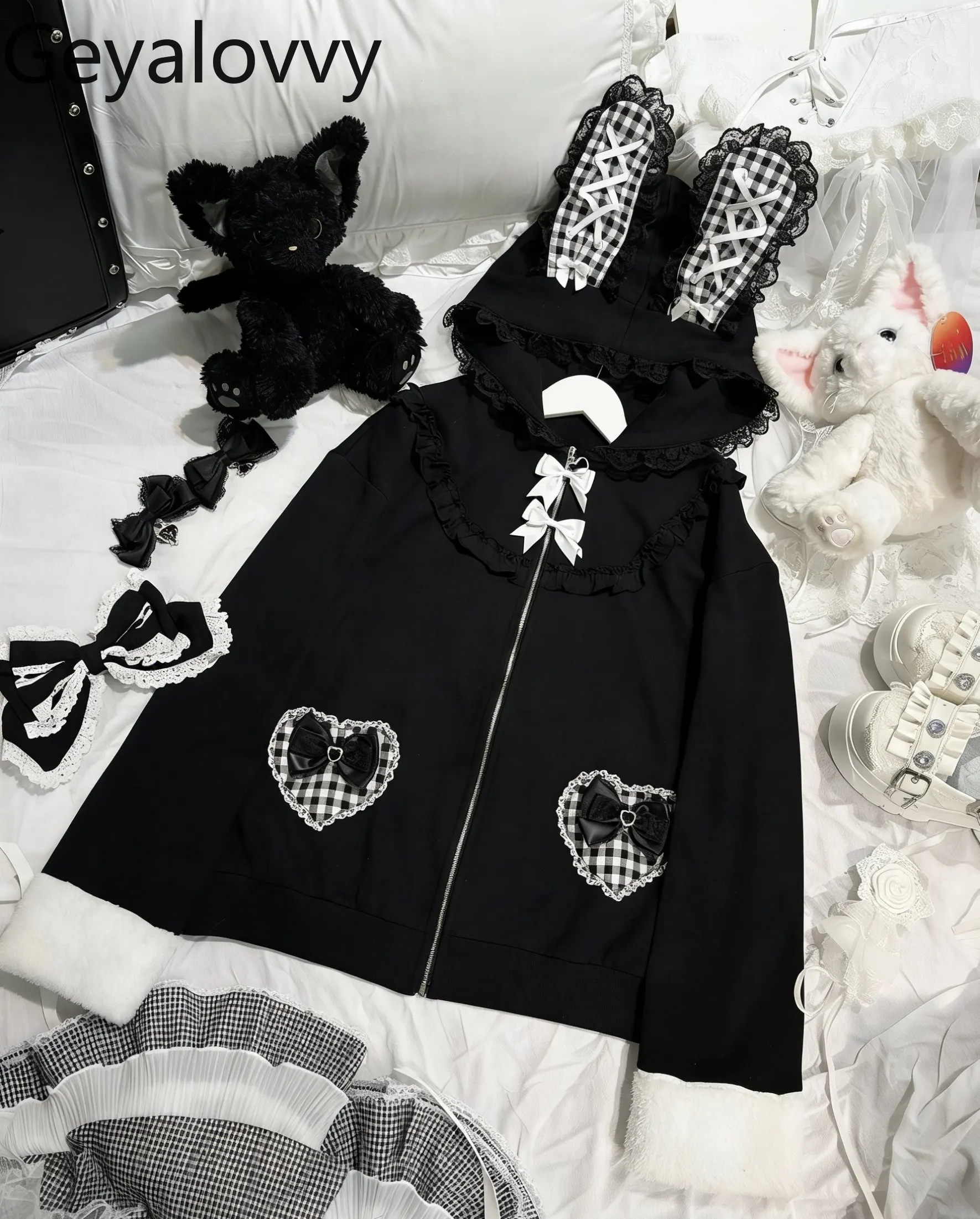 

2026 Spring New Style Sweet Cute Girls Tie Hooded Long Sleeve Jacket Versatile Black Bow Plaid Heart Pocket Zipper Coat