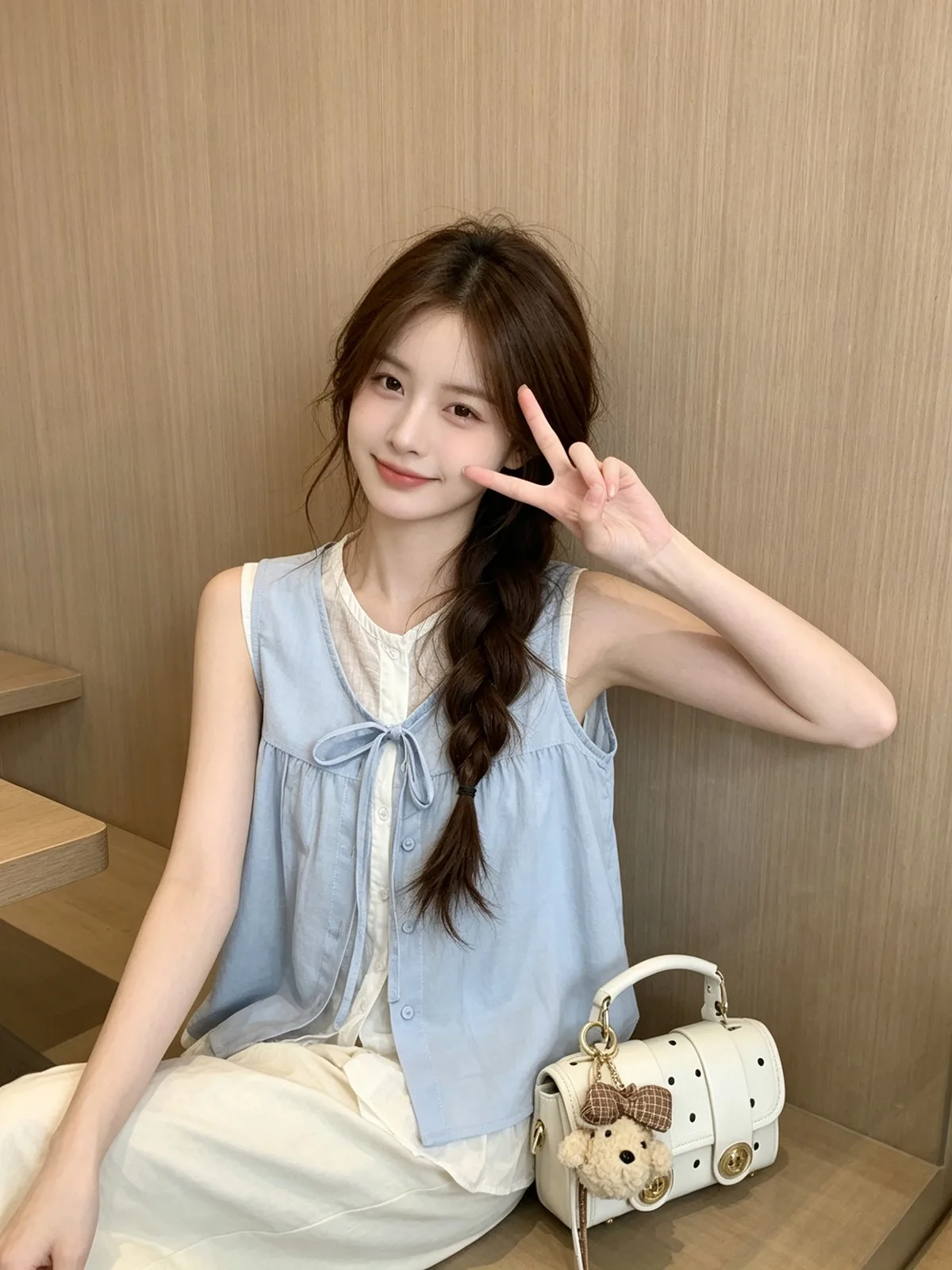 

Sweet Contrast Color Blouse Women's Summer Dopaamine Bright Feel Lace Trim Sleeveless Shirt Korean Style Loose Fit round Neck