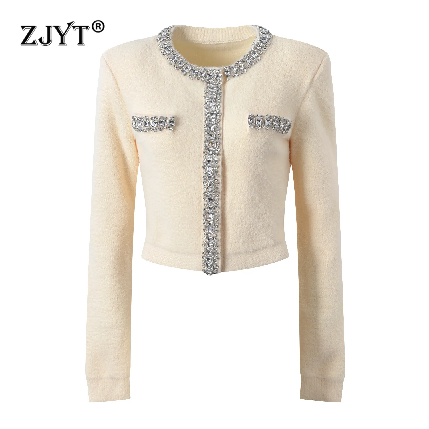 

ZJYT Spring 2025 Luxury Diamonds Cardigan Coat Sweaters for Women Knitting Tops Long Sleeve Knitwears Casual Green Jersey Mujer