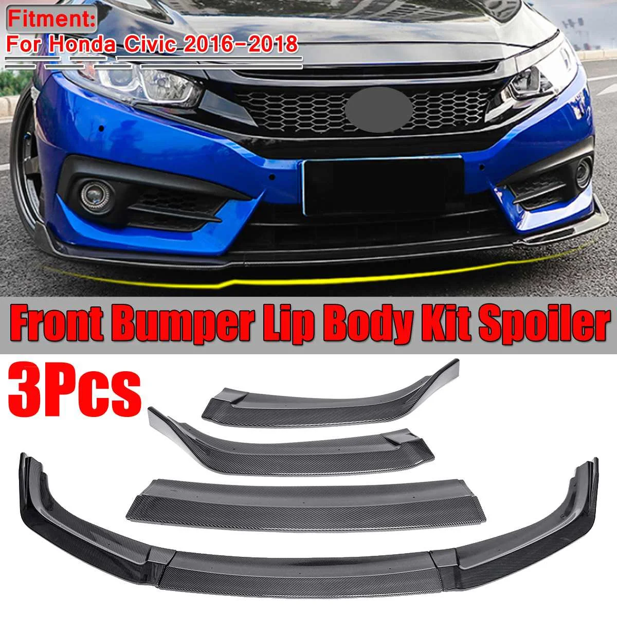 3Piece Car Front Bumper Lip Spoiler Diffuser Cover Trim For Honda For Civic 2016 2017 2018 Front Bumper Lip Splitter Fins Body