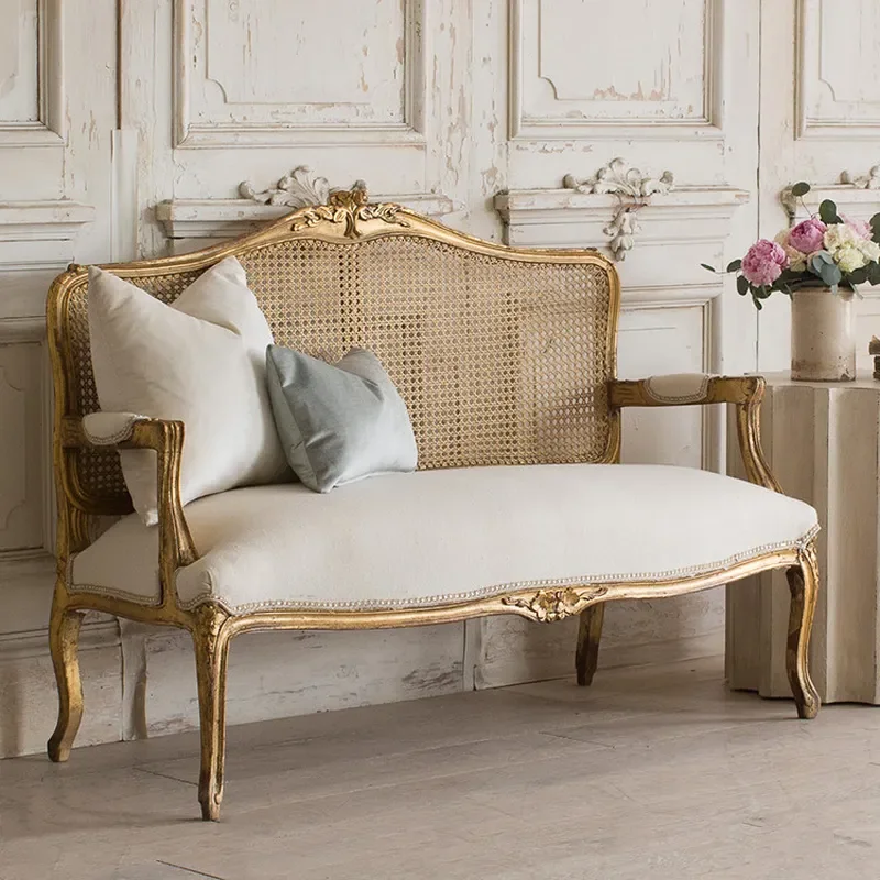 French Retro Solid Wood Carved Flower Sofa Old Braided Rattan Casual Photography Studio Furniture B&B Style Couch