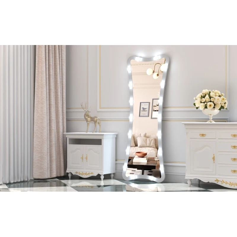 กระจกเงาเต็มตัวฮอลลีวู้ดพร้อมไฟ กระจกโต๊ะเครื่องแป้งเต็มตัวพร้อมโหมดสี 3 สี กระจกตั้งพื้นแบบมีไฟสําหรับการแต่งตัว R