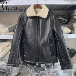 Garaouy 2023 Winter Men Simple Vintage Thick Lapel Zipper Faux Leather Lambswool Coats Warm Motorcycle Jackets Male Outwear New