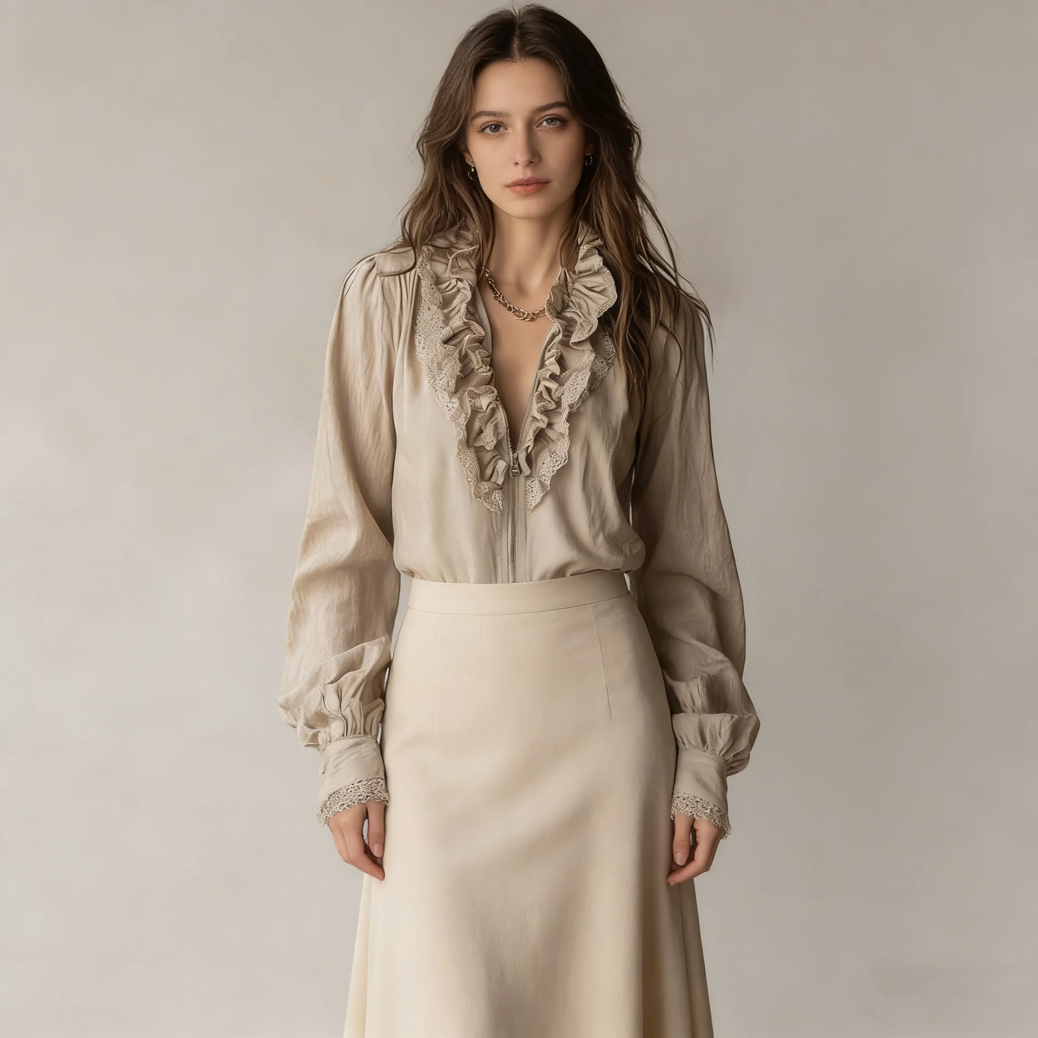 

Fashion Women Blouse Long Sleeve Lace Patchwork Ruffled Neck Court Style Autumn Spring Shirt Women