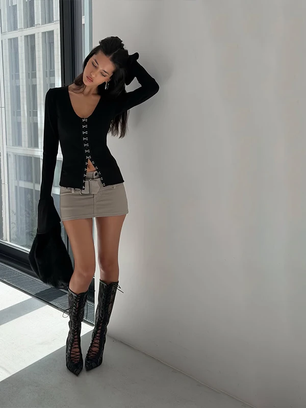 CNYISHE Casual Fashion Cool Long Sleeve Button Design Black Slimming Versatile Open Cardigan Women's T-shirt High Waist V-neck