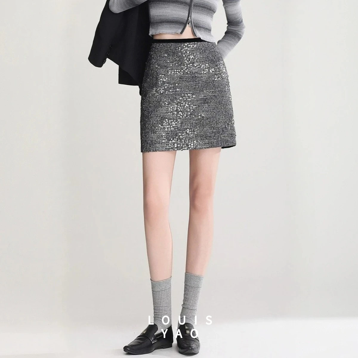 LOUISYAO Sequins Embroidery Mini Skirt Women 2025 Spring Anti Glare Design Short Skirt Casual Streetwear Bottoms New Arrival