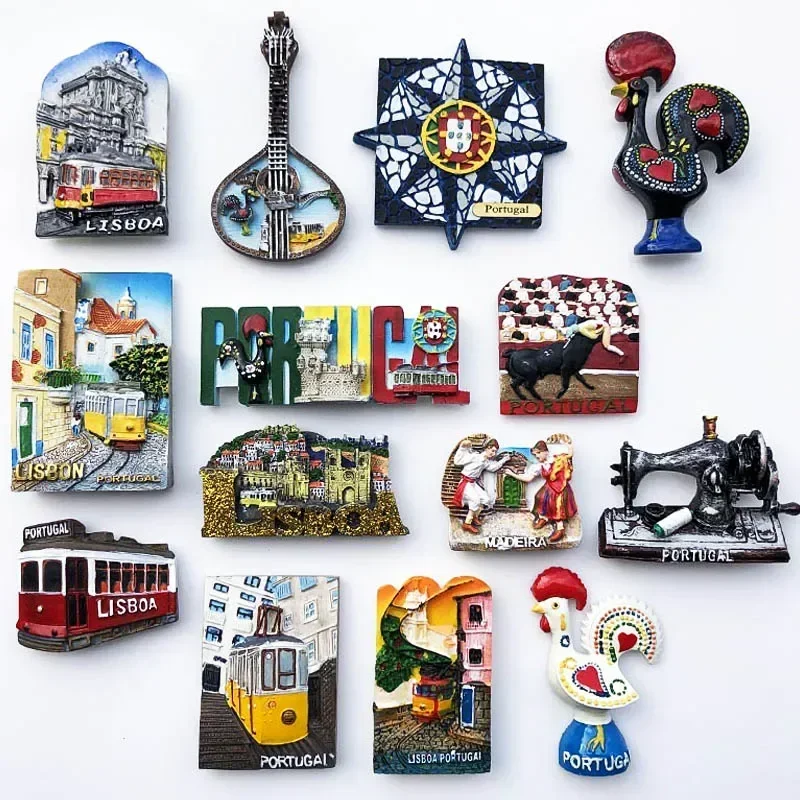 Imán de nevera de Portugal, recuerdo turístico, artesanías en gallo de tranvía de Portugal, resina pintada, colección de pegatinas de refrigerador