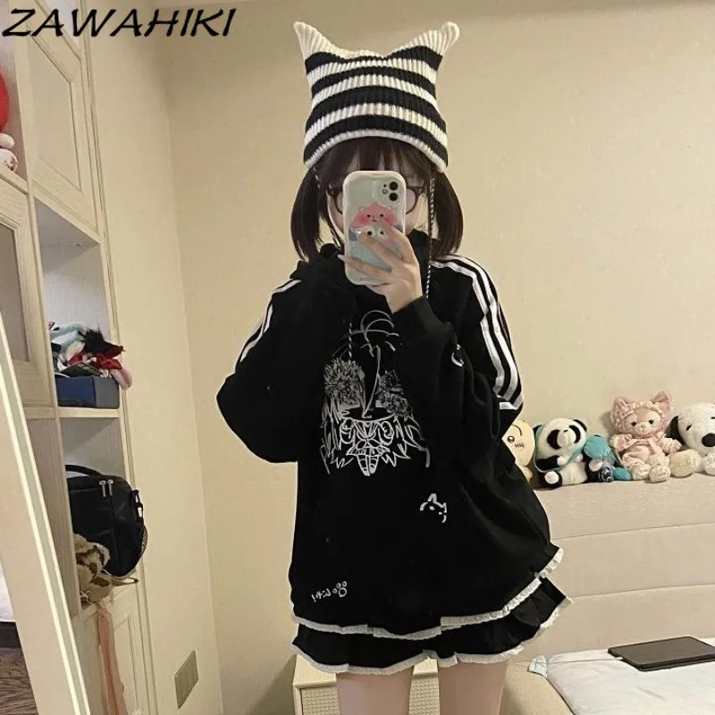 Japanese Hoodies Women Kawaii Cartoon Print Top Female Pocket Design Striped Pullovers Preppy Office Lady Fashion Ropa Mujer