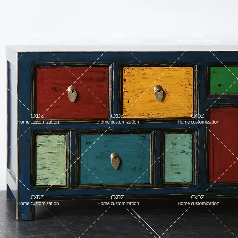 New Classical Chinese Style TV Cabinet Retro Multi Drawer Audio Visual Solid Wood Antique Old Floor Cabinet