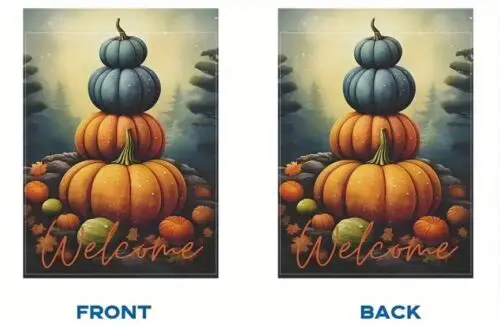 Halloween Fall Welcome Blue & Orange Stacked Pumpkins Burlap Garden Flag 12