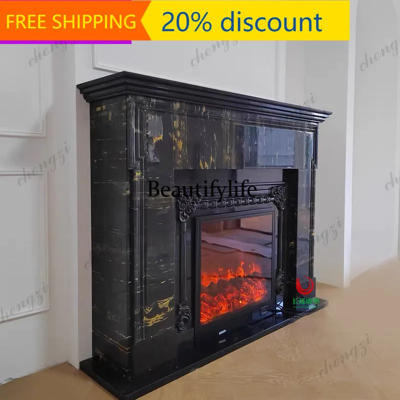 CC85 Fireplace French Marble Fireplace Black Golden Flower Stone Black Retro Simple American Fireplace