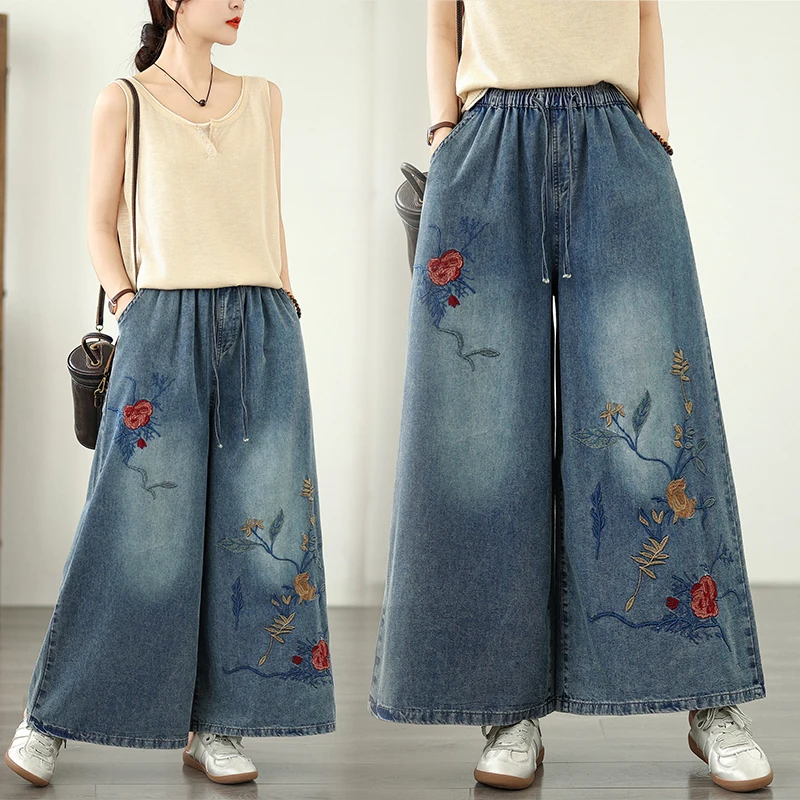 

Retro Heavy Embroidery Soft Denim Wide Leg Pants Elastic Waist plus Size Casual Summer Blue High Waist Nine Points Jeans