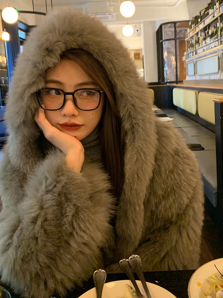 معطف فرو الثعلب الفضفاض للنساء، ملابس خارجية دافئة للشتاء بغطاء للرأس، لون رمادي، أكمام طويلة، ياقة مستديرة، أسلوب كوري عصري ...