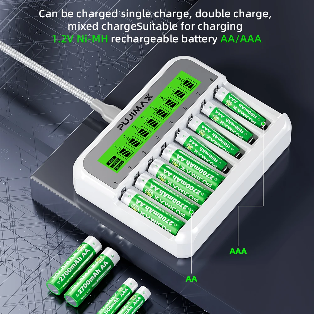 PUJIMAX 8-Slot Battery Charger With LCD Display For 1.2V AA/AAA Ni-Cd Ni-Mh Rechargeable Batteries aa aaa Charger Adapter