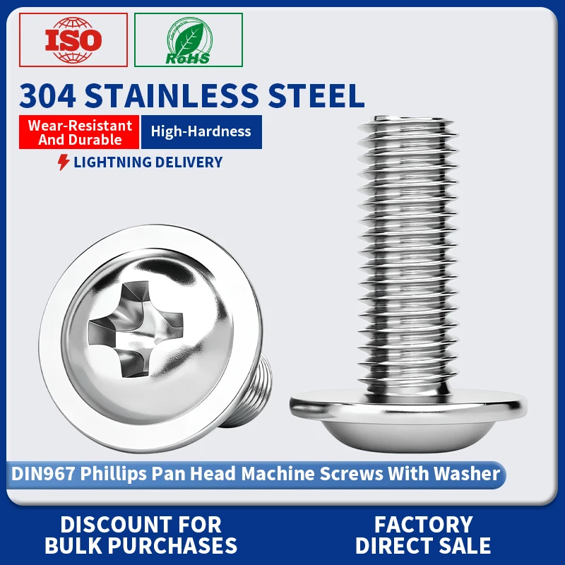 Phillips Pan Head Flange Screws 304 Stainless Steel M3 M4 M5 M6 Cross Recessed Machine Screws With Washer DIN967